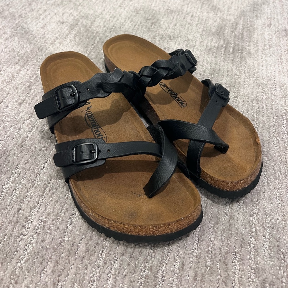 Aerothotic Black Leather Sandals with Adjustable Straps